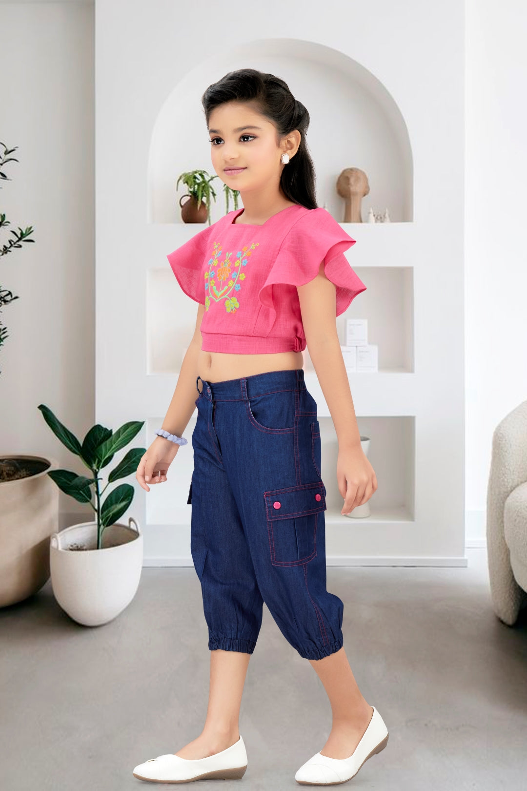 Embroidered Pink Flutter-Sleeve Top & Denim Cargo Set