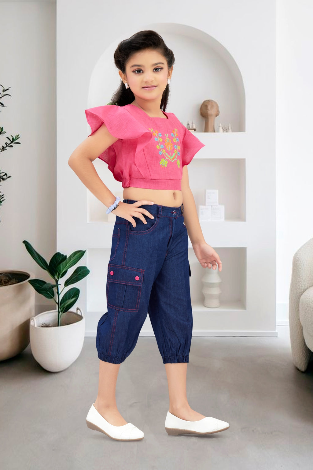 Embroidered Flutter-Sleeve Top & Denim Cargo Set