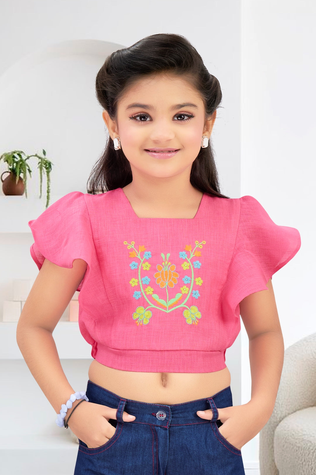 Embroidered Flutter-Sleeve Top & Denim Cargo Set