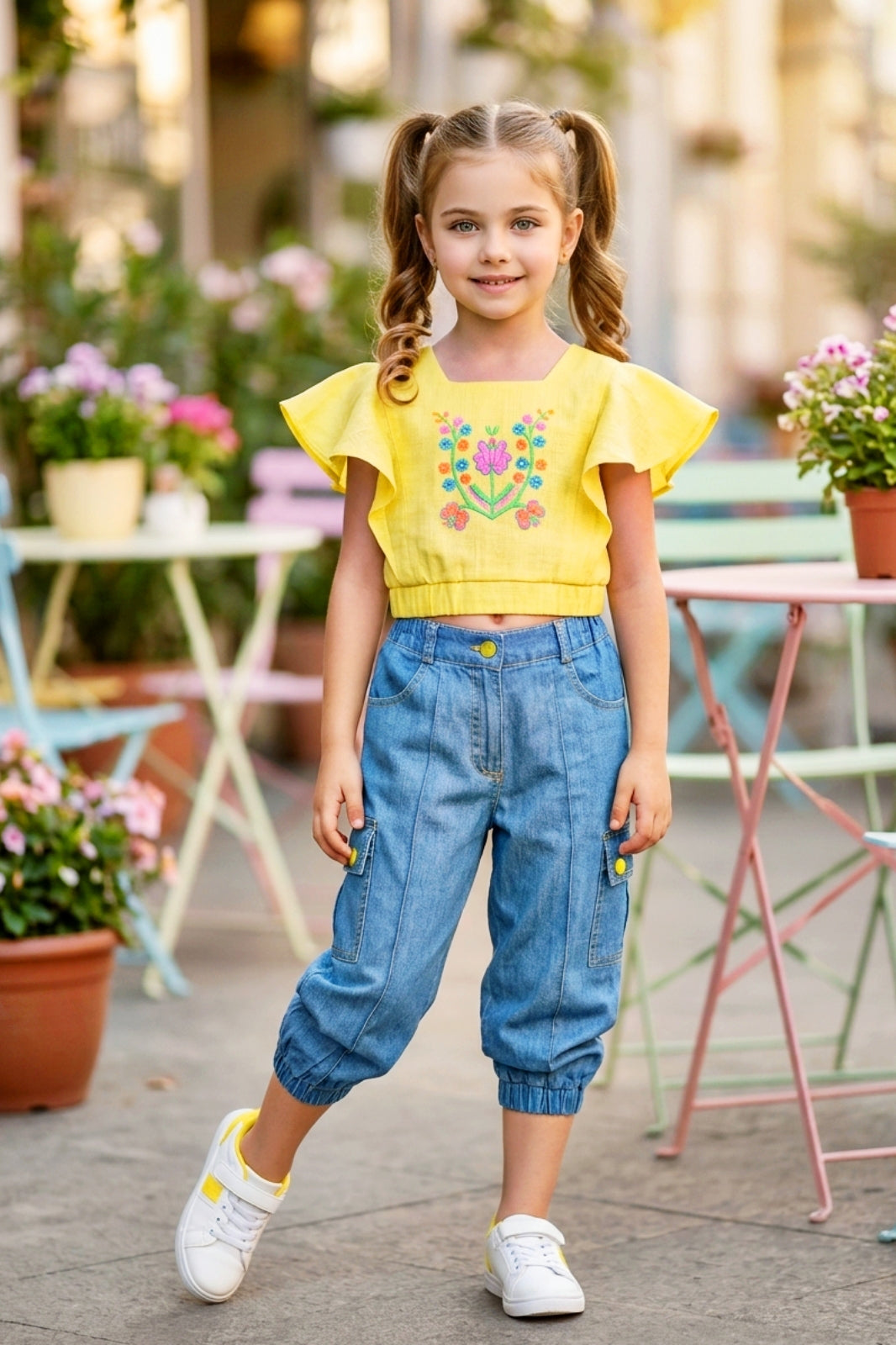 Embroidered Yellow Flutter-Sleeve Top & Denim Cargo Set
