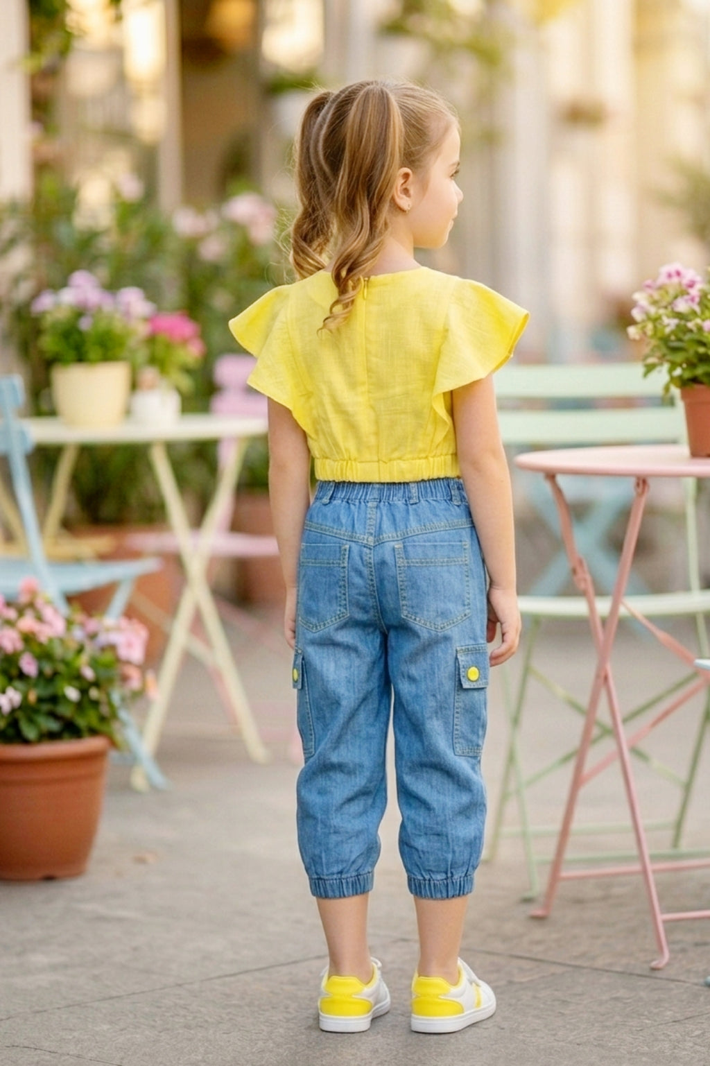 Embroidered Yellow Flutter-Sleeve Top & Denim Cargo Set