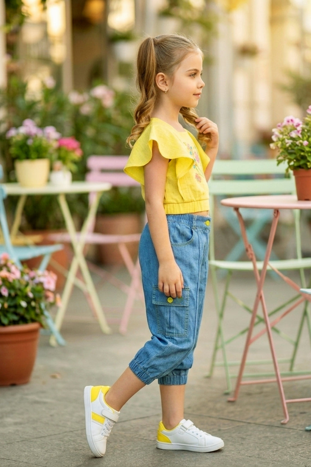 Embroidered Yellow Flutter-Sleeve Top & Denim Cargo Set