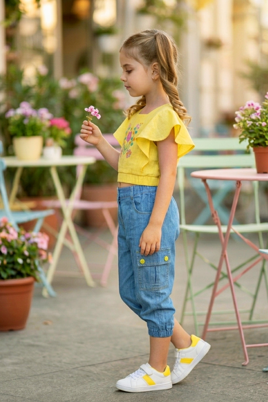 Embroidered Yellow Flutter-Sleeve Top & Denim Cargo Set