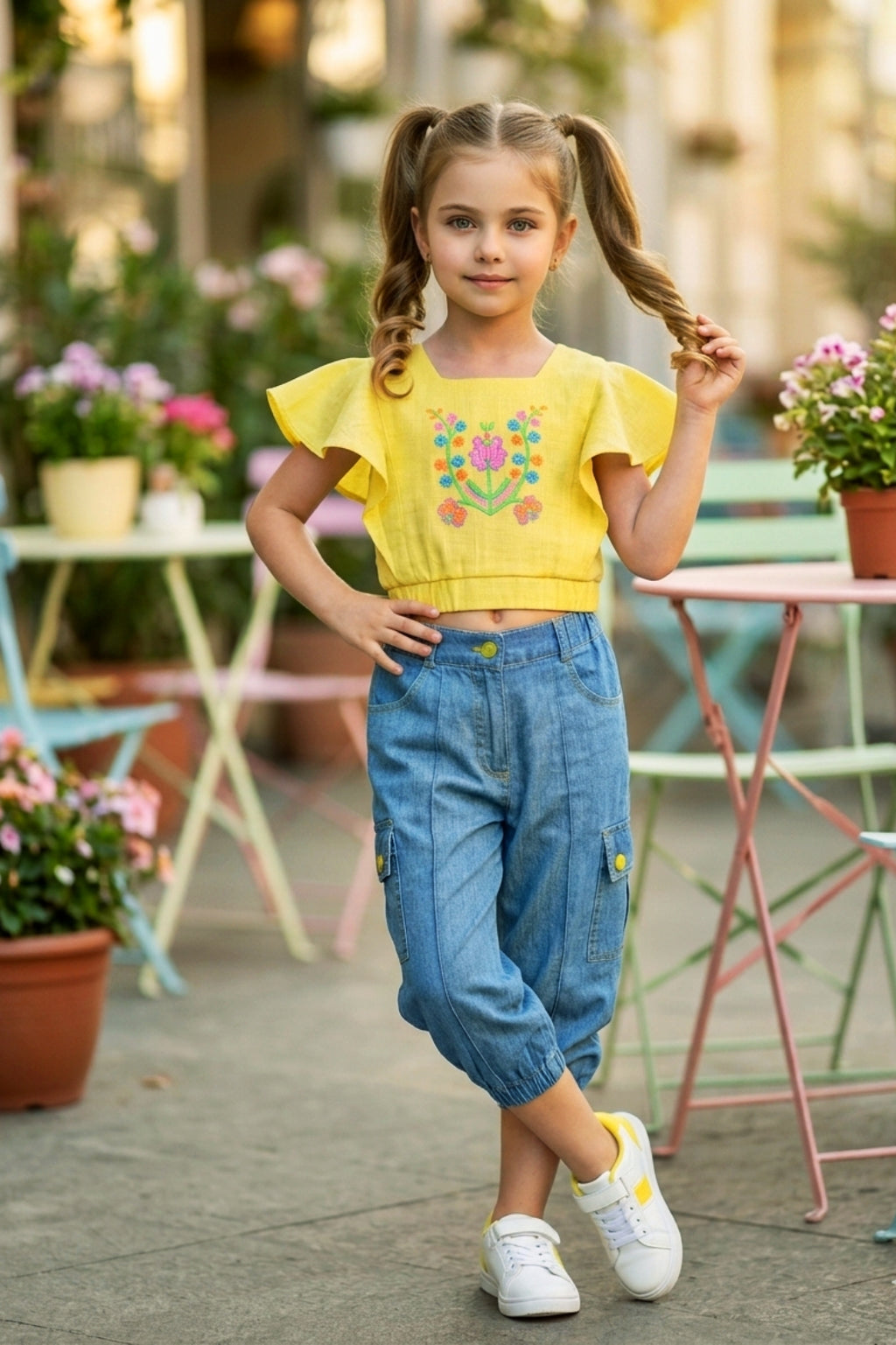 Embroidered Yellow Flutter-Sleeve Top & Denim Cargo Set