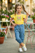 Embroidered Yellow Flutter-Sleeve Top & Denim Cargo Set