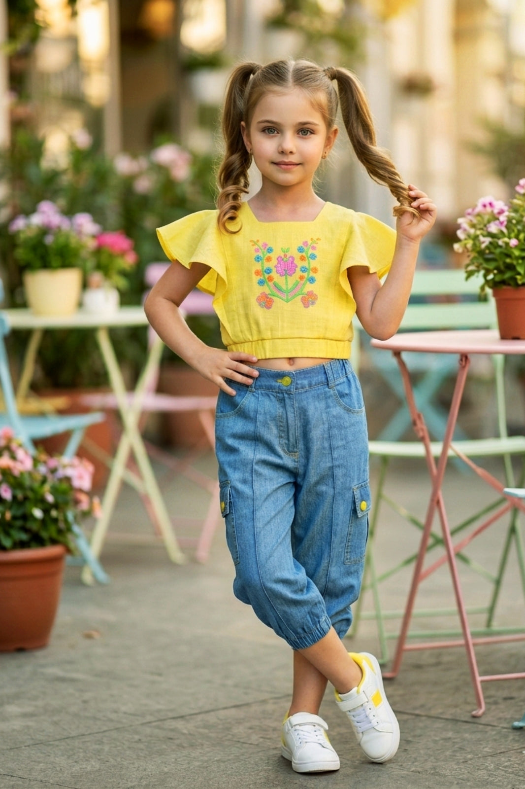 Embroidered Yellow Flutter-Sleeve Top & Denim Cargo Set