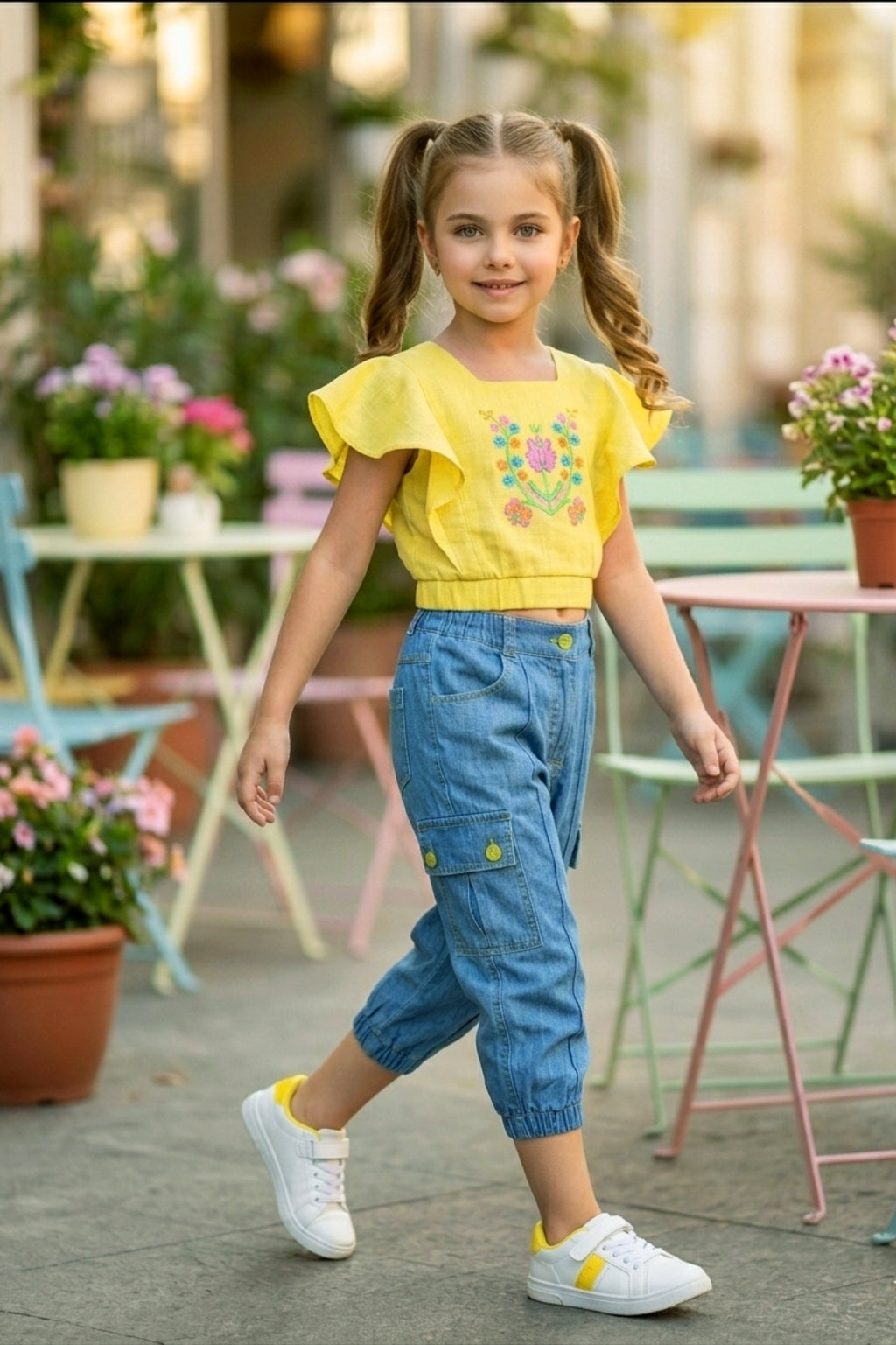 Embroidered Yellow Flutter-Sleeve Top & Denim Cargo Set