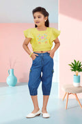 Embroidered Flutter-Sleeve Top & Denim Cargo Set