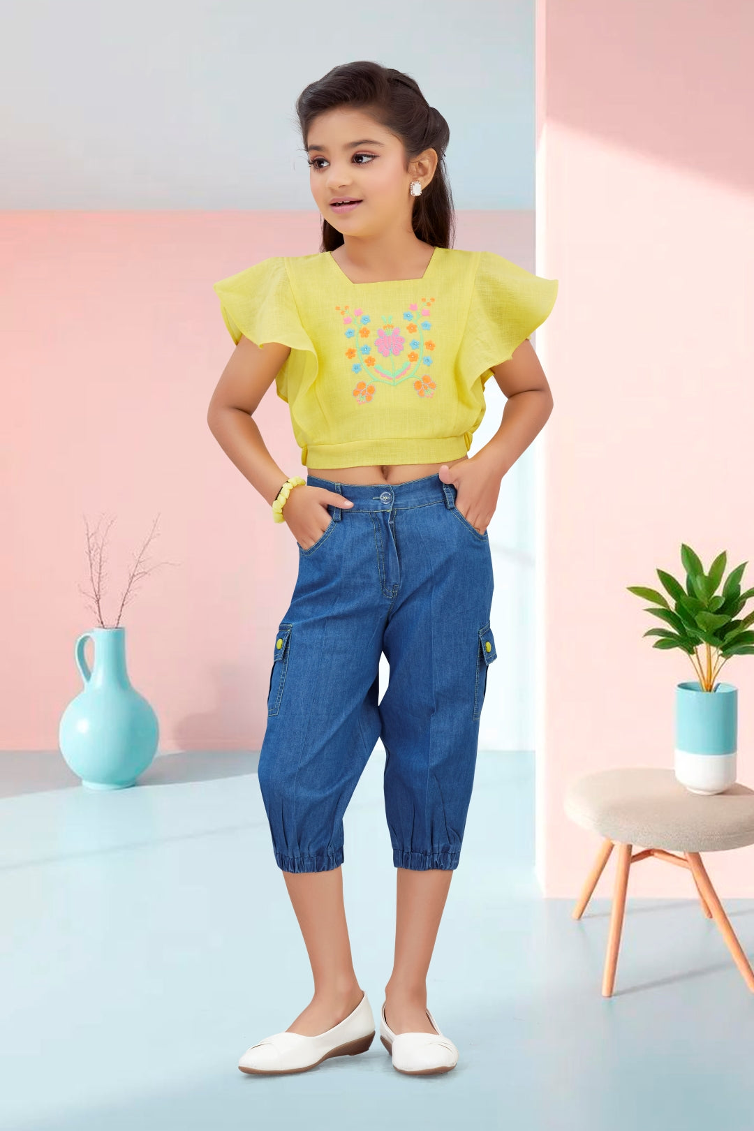 Embroidered Yellow Flutter-Sleeve Top & Denim Cargo Set