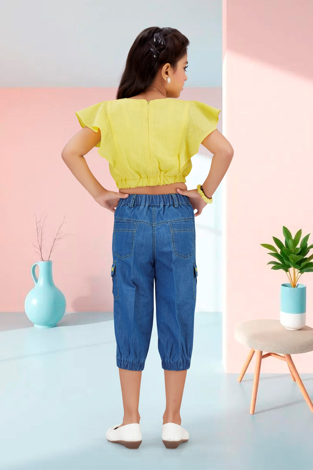 Embroidered Flutter-Sleeve Top & Denim Cargo Set