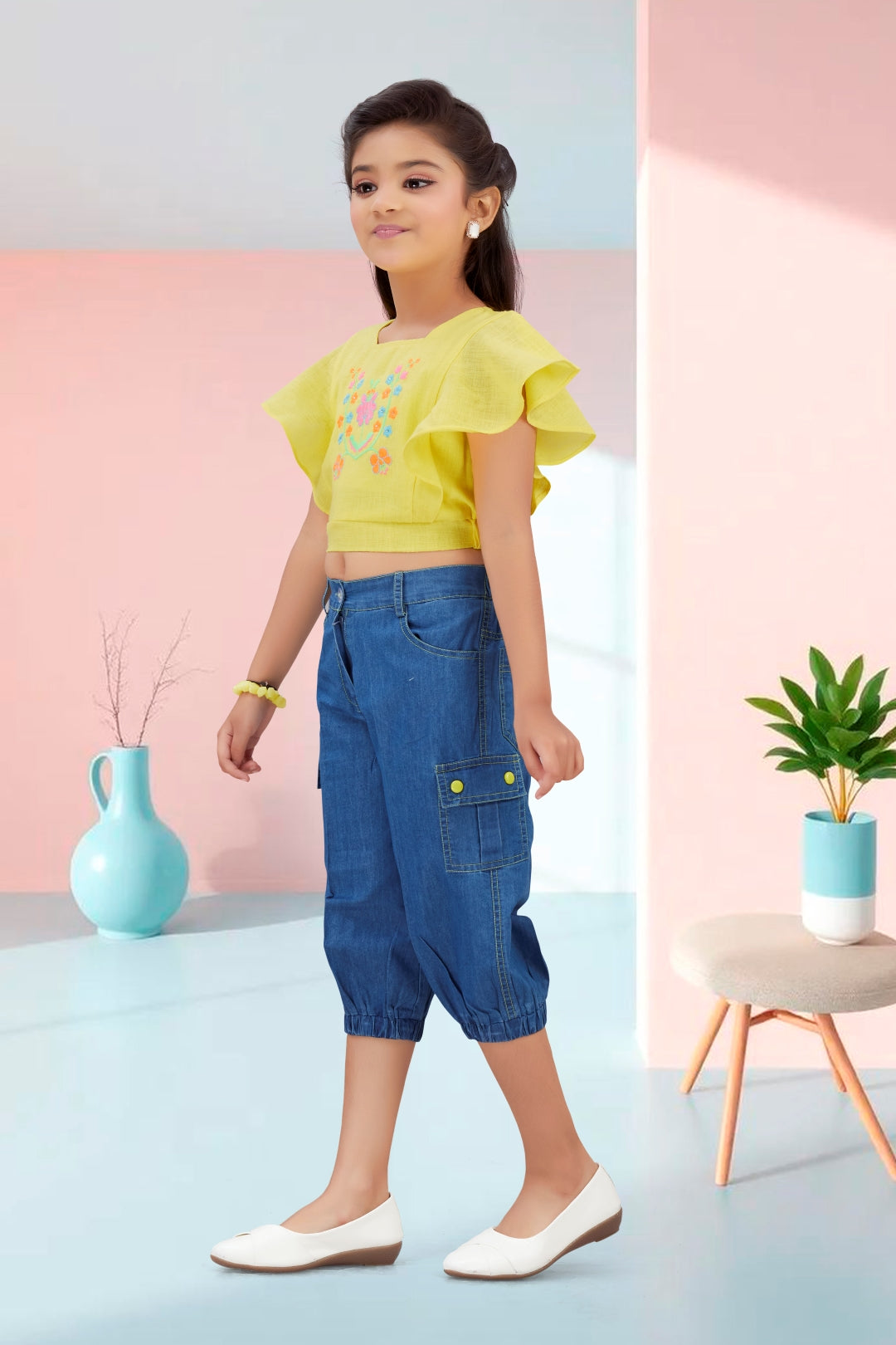 Embroidered Yellow Flutter-Sleeve Top & Denim Cargo Set