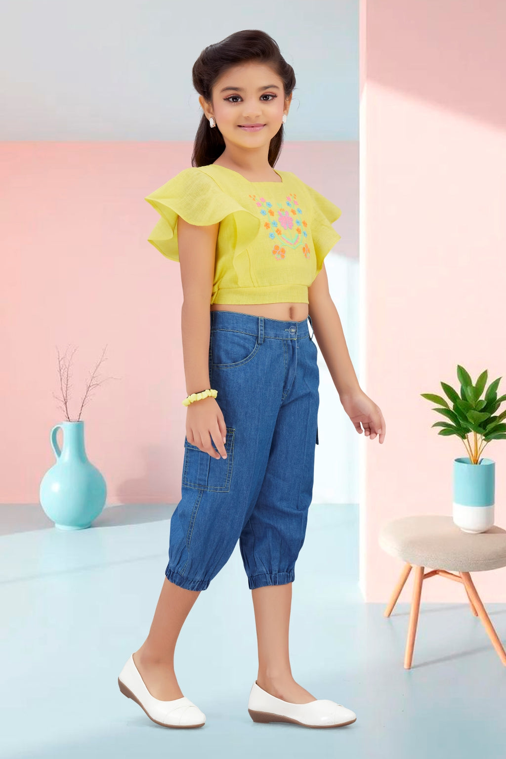 Embroidered Flutter-Sleeve Top & Denim Cargo Set