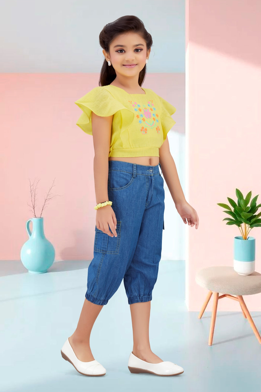 Embroidered Flutter-Sleeve Top & Denim Cargo Set