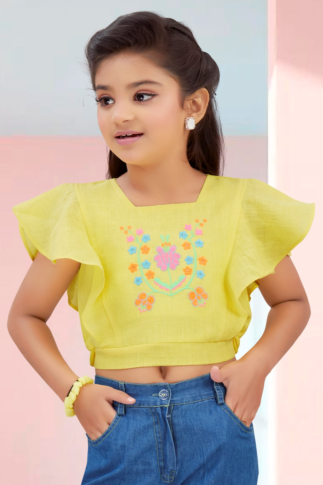 Embroidered Flutter-Sleeve Top & Denim Cargo Set