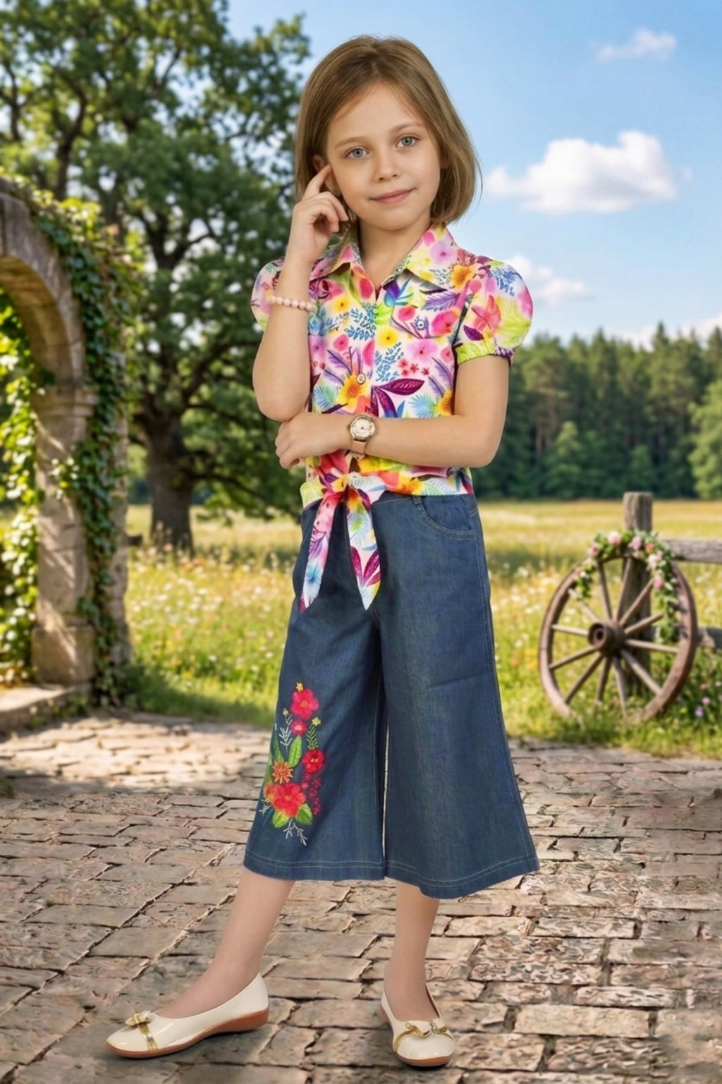 Girls Pink Floral Printed Shirt & Wide-Leg Denim Set