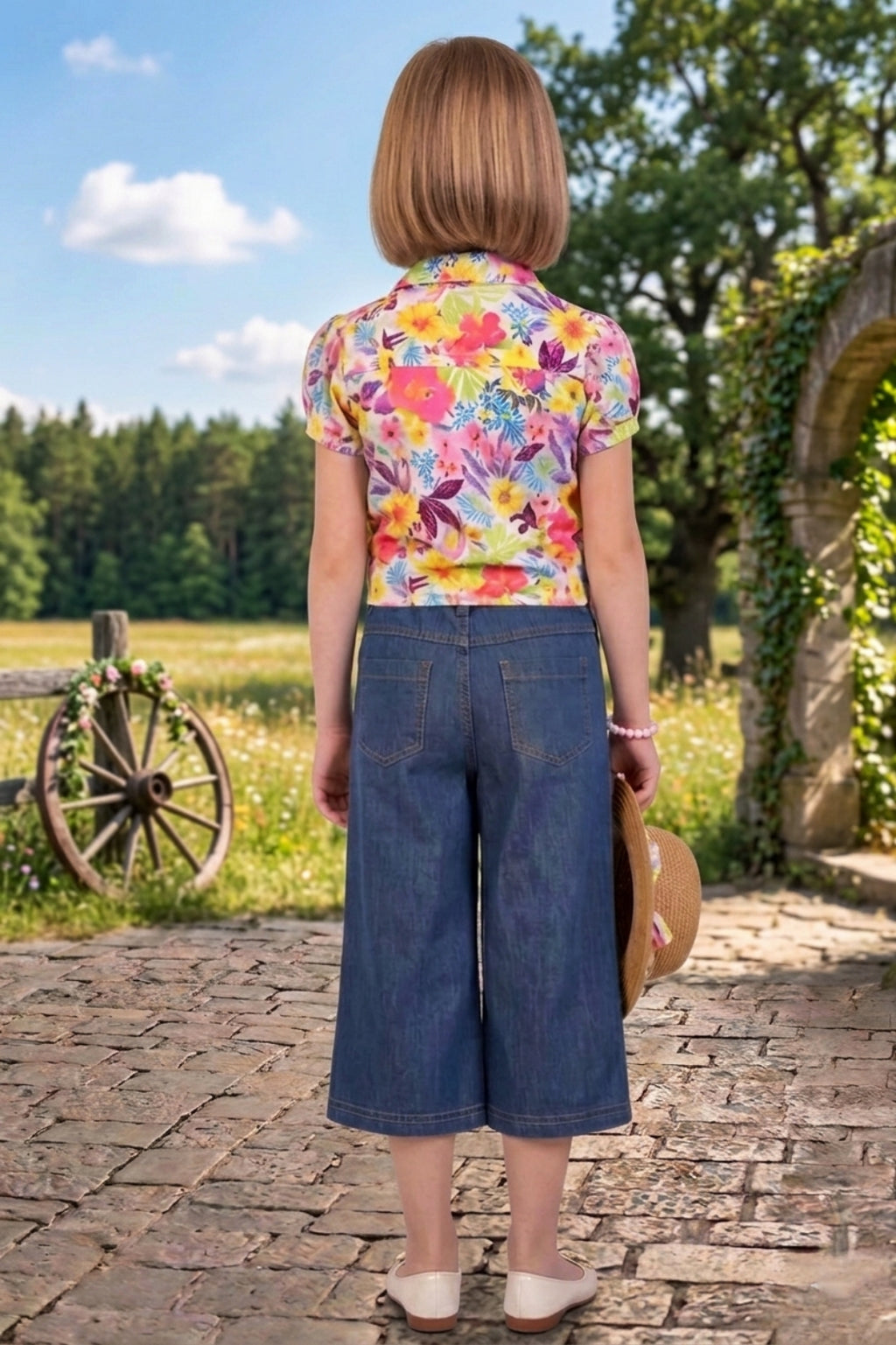 Girls Pink Floral Printed Shirt & Wide-Leg Denim Set