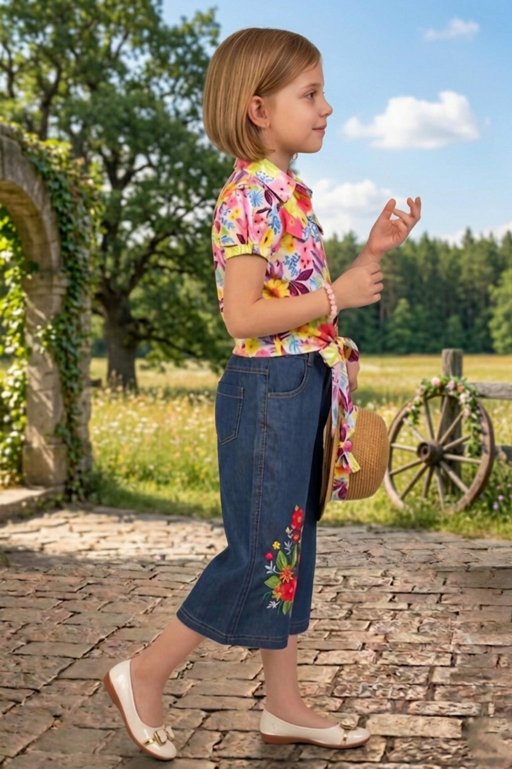 Girls Pink Floral Printed Shirt & Wide-Leg Denim Set