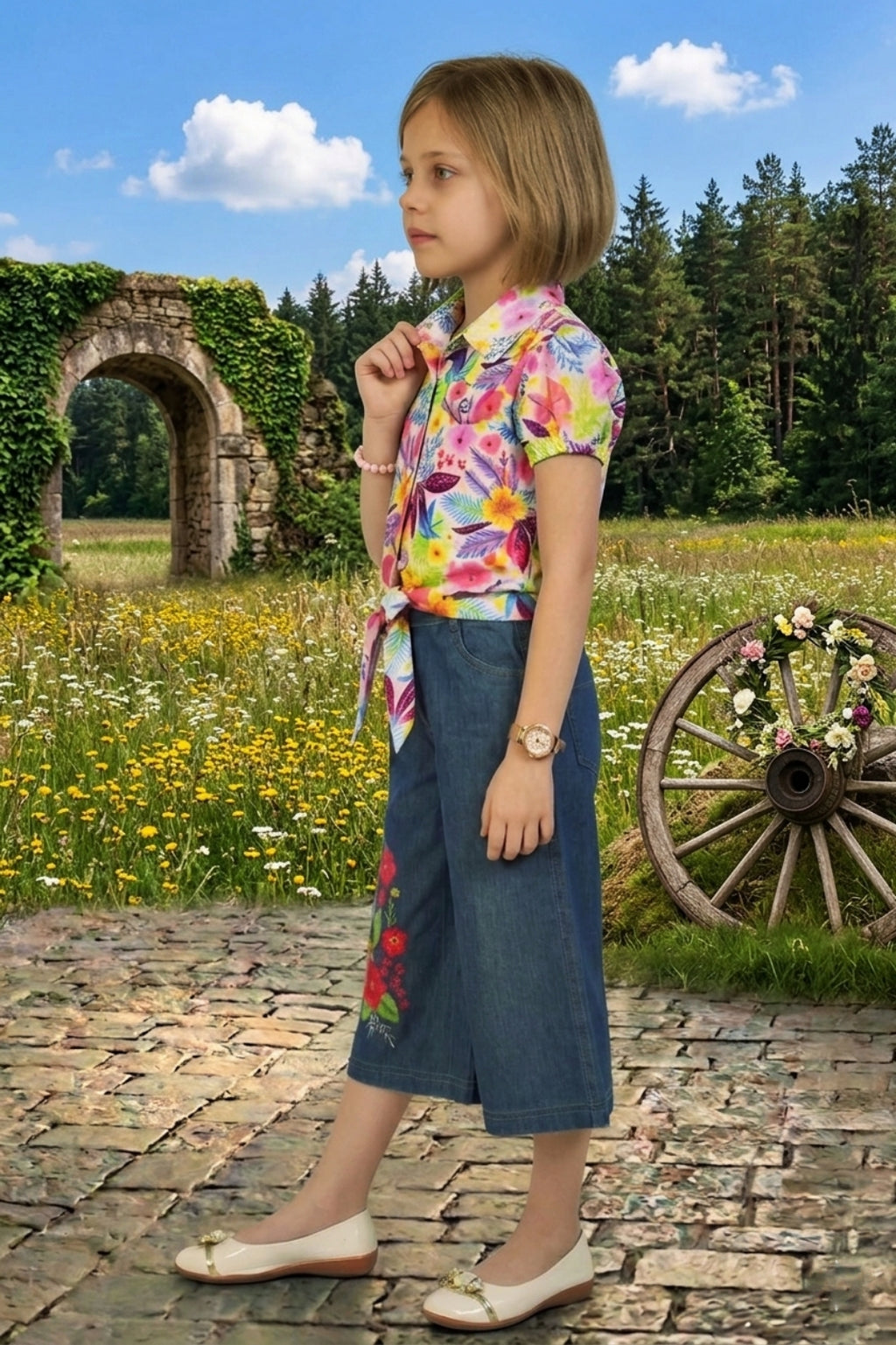 Girls Pink Floral Printed Shirt & Wide-Leg Denim Set