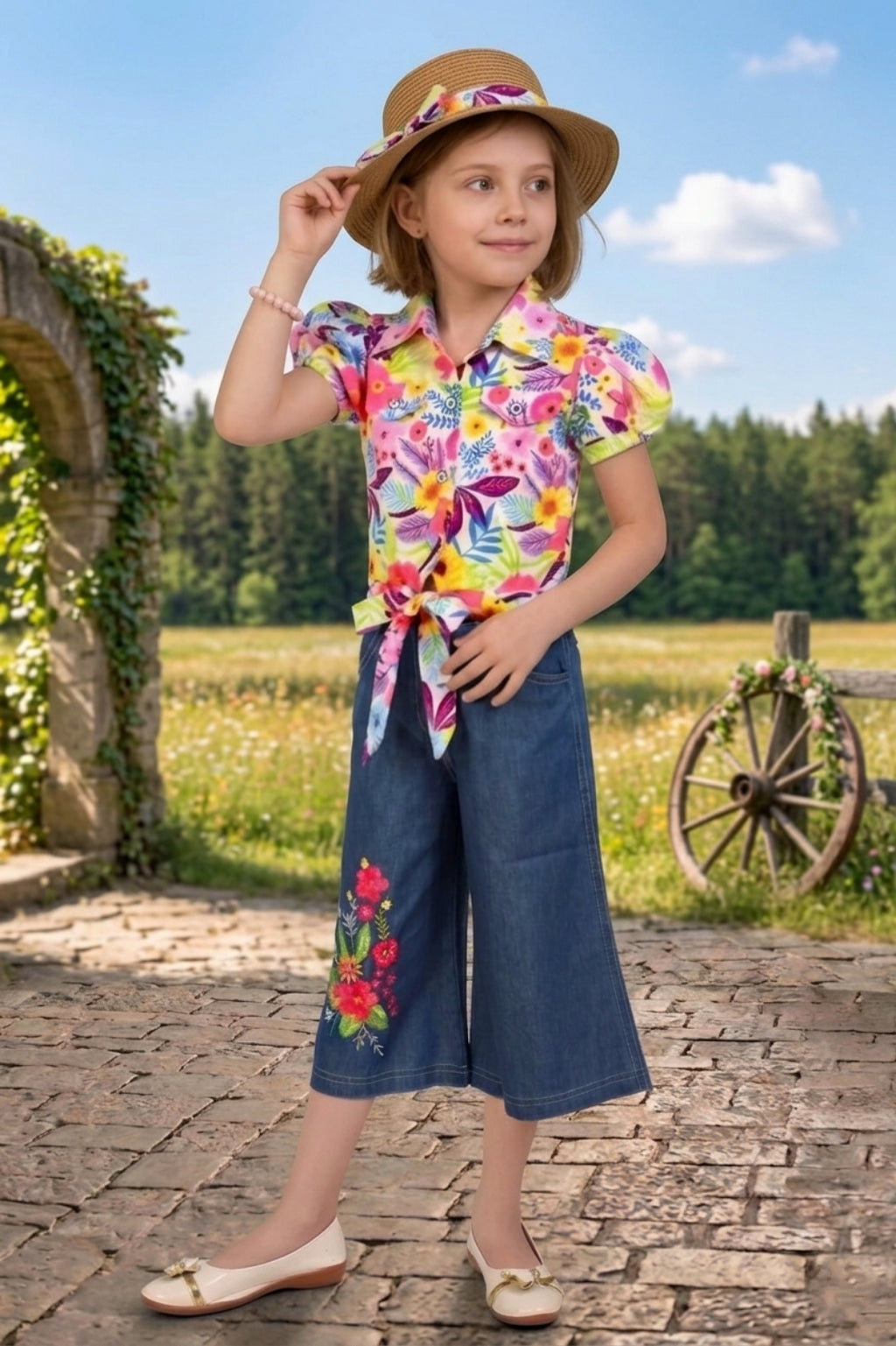 Girls Pink Floral Printed Shirt & Wide-Leg Denim Set
