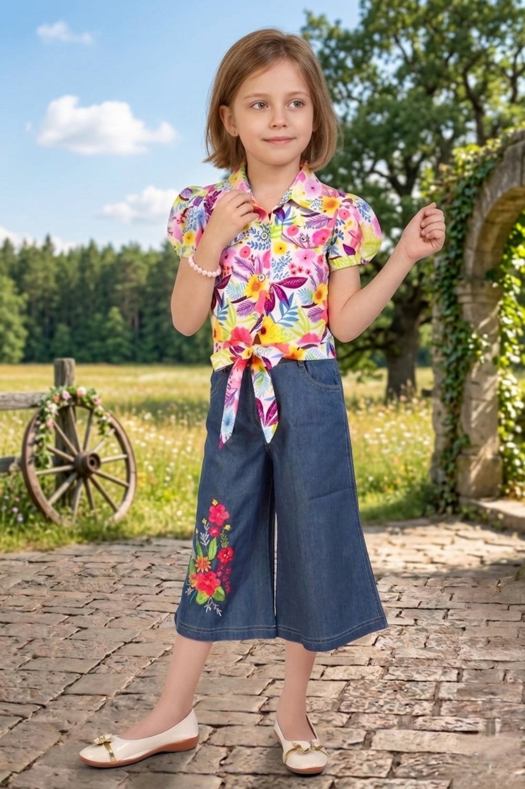 Girls Pink Floral Printed Shirt & Wide-Leg Denim Set