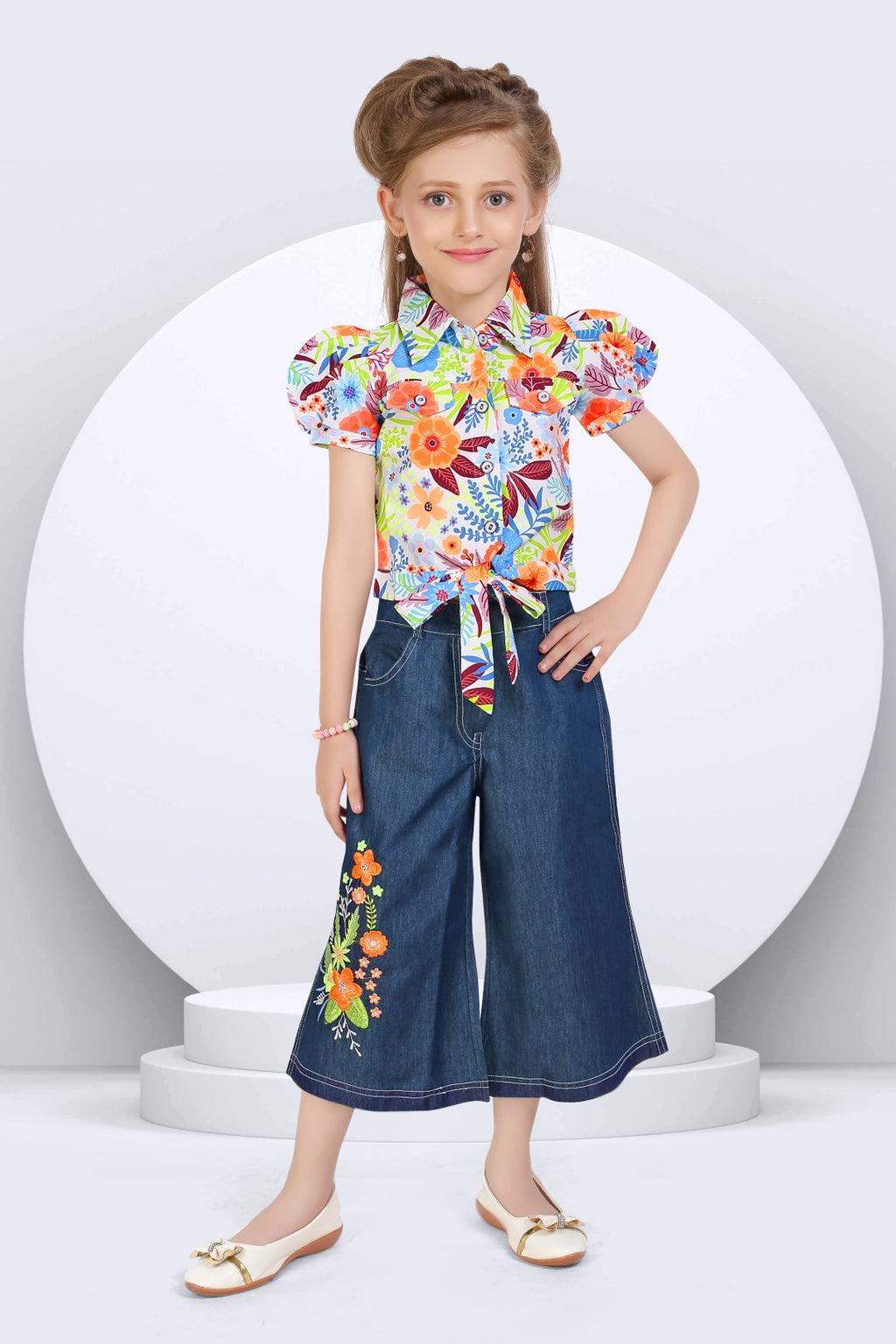 Girls Orange Floral Printed Shirt & Wide-Leg Denim Set