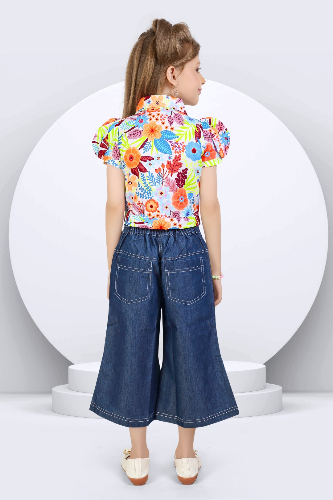 Girls Orange Floral Printed Shirt & Wide-Leg Denim Set