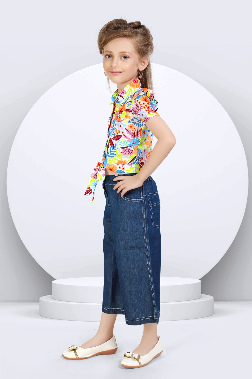 Girls Orange Floral Printed Shirt & Wide-Leg Denim Set