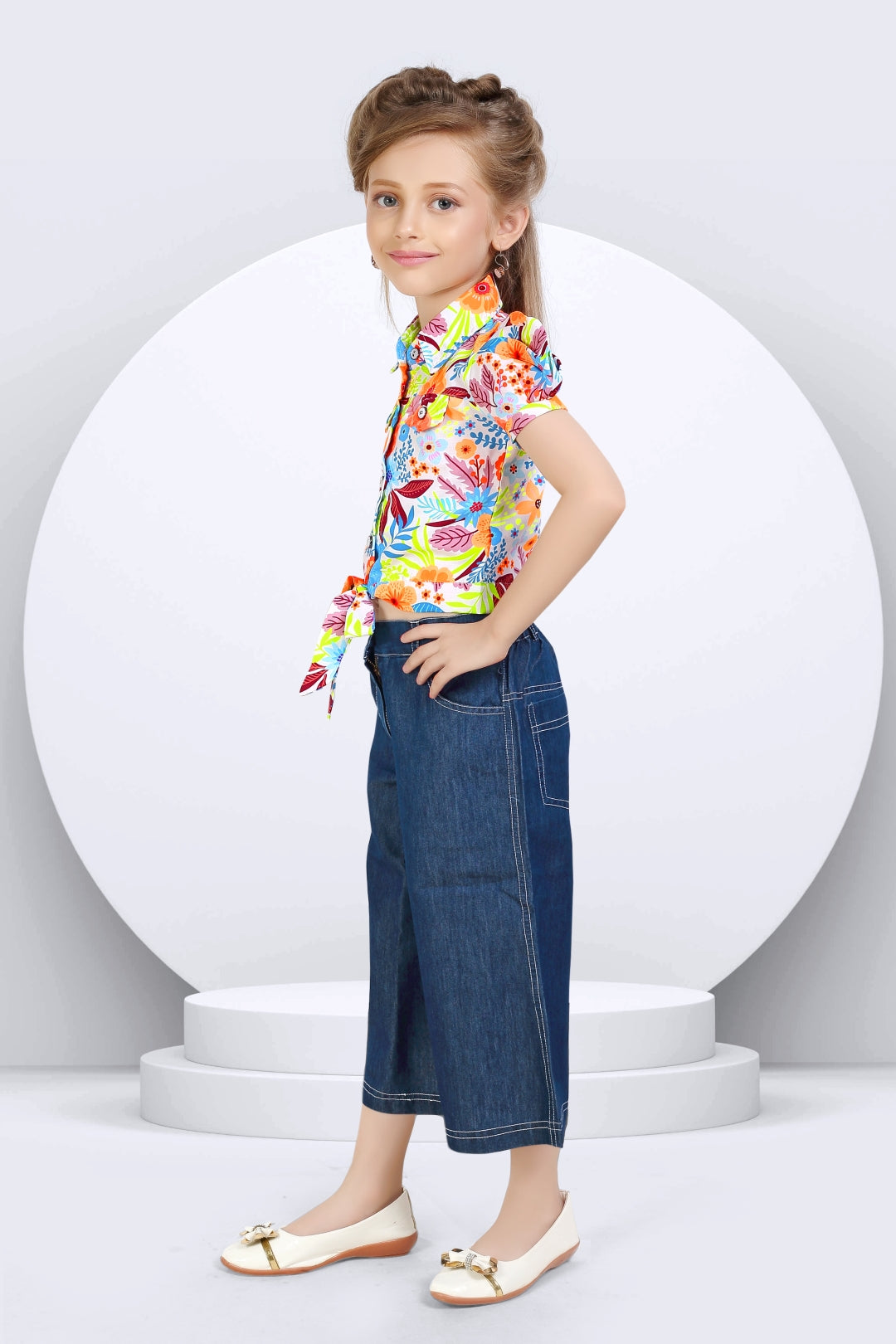 Girls Orange Floral Printed Shirt & Wide-Leg Denim Set