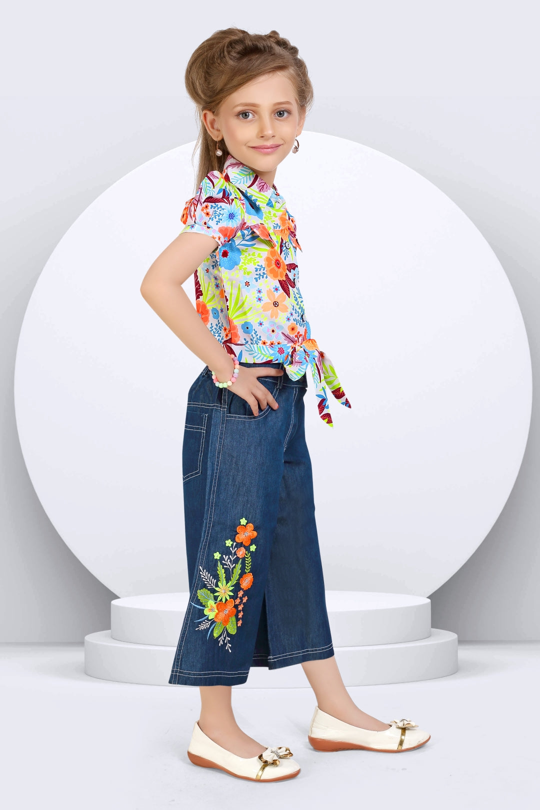 Girls Orange Floral Printed Shirt & Wide-Leg Denim Set