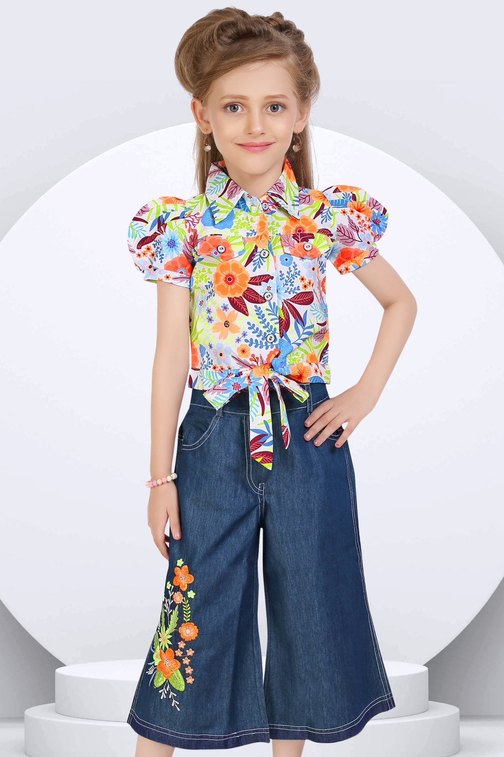 Girls Orange Floral Printed Shirt & Wide-Leg Denim Set
