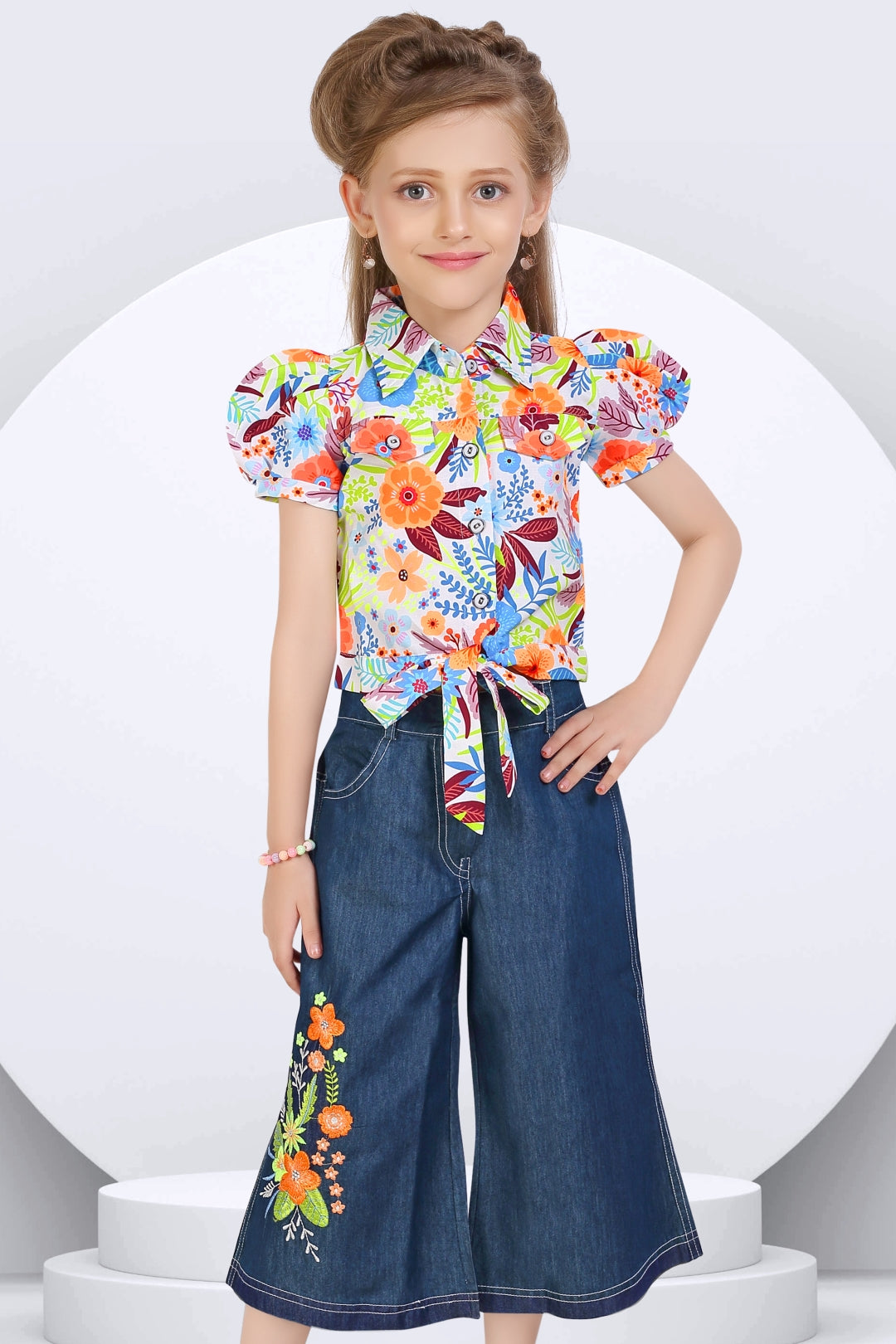 Girls Orange Floral Printed Shirt & Wide-Leg Denim Set