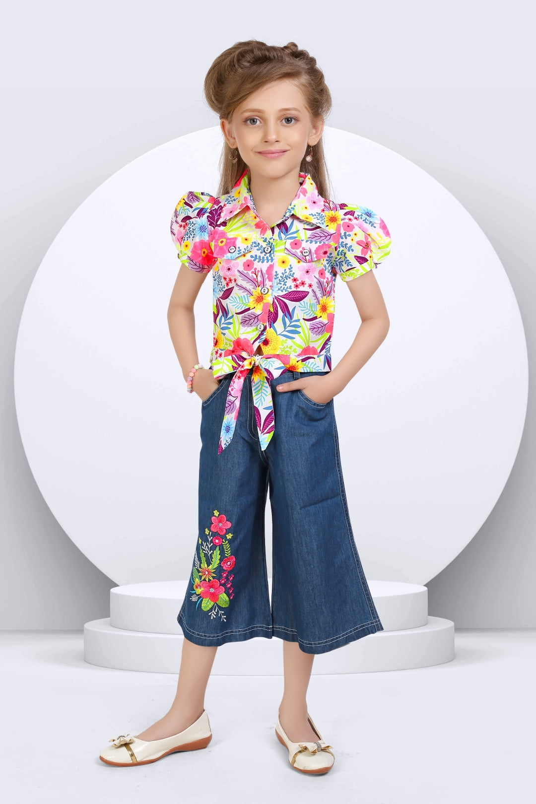 Girls Pink Floral Printed Shirt & Wide-Leg Denim Set