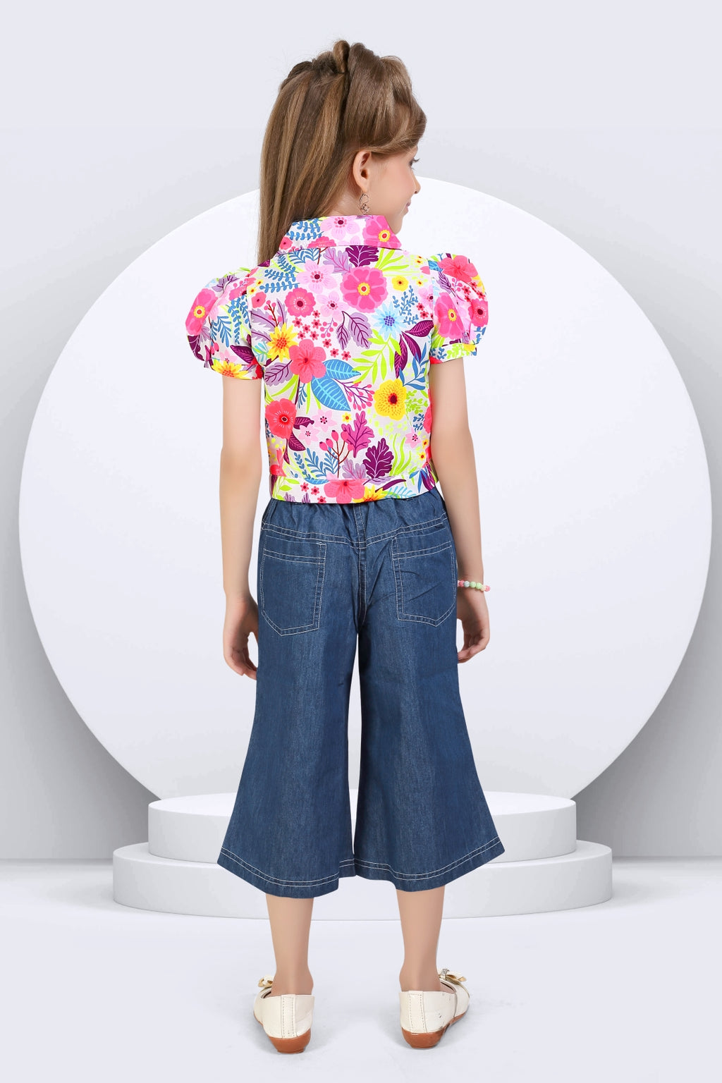 Girls' Floral Printed Shirt & Wide-Leg Denim Set