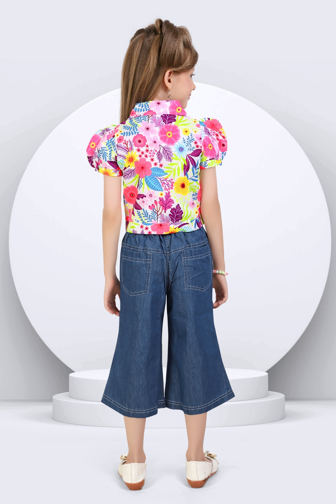 Girls' Floral Printed Shirt & Wide-Leg Denim Set