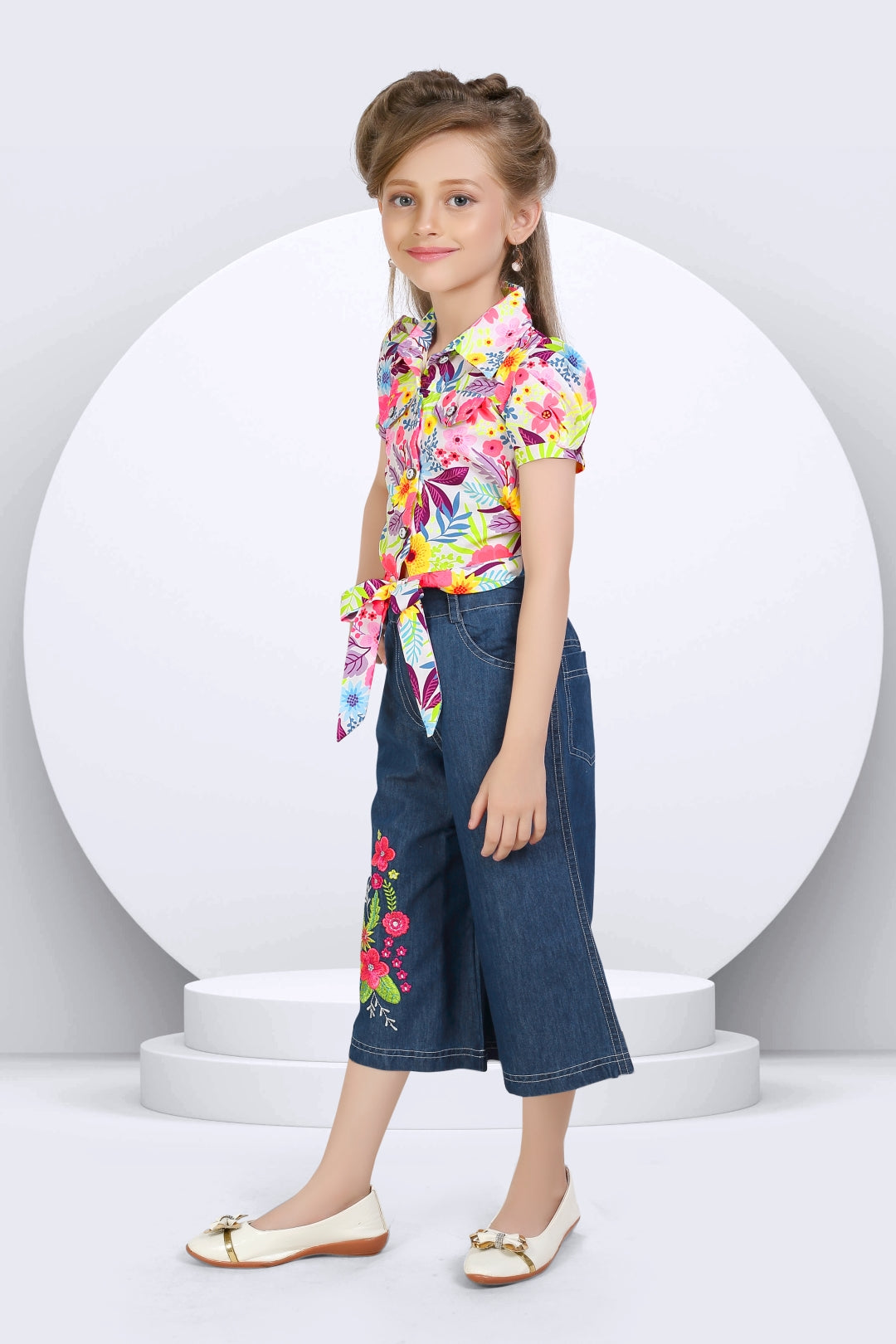 Girls Pink Floral Printed Shirt & Wide-Leg Denim Set