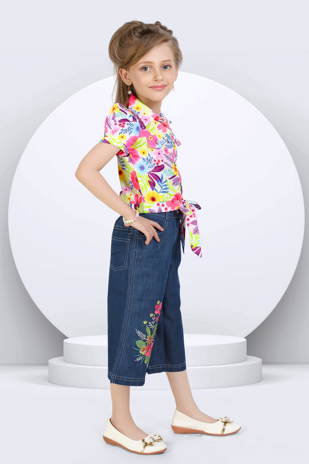 Girls Pink Floral Printed Shirt & Wide-Leg Denim Set