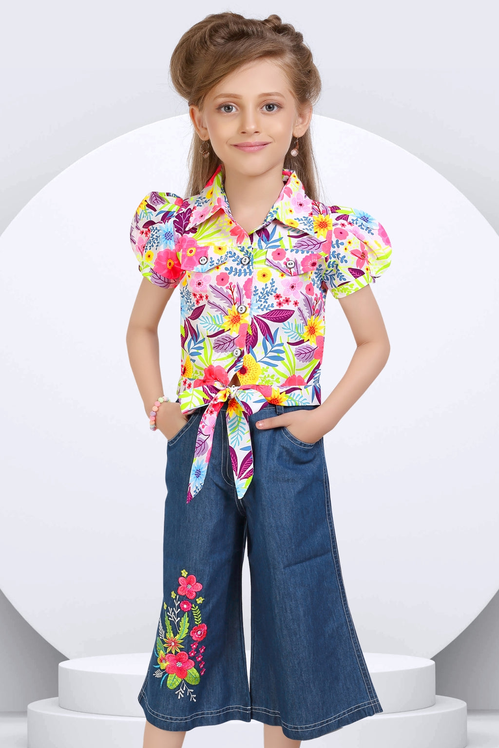 Girls' Floral Printed Shirt & Wide-Leg Denim Set