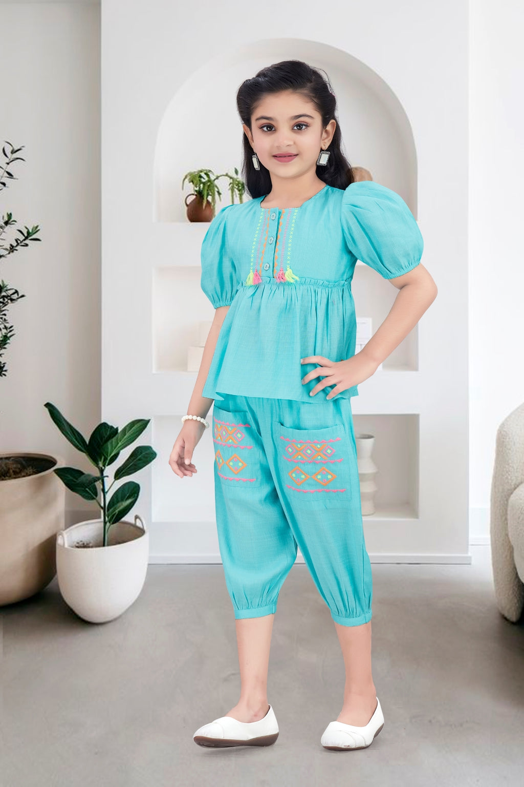Girls Blue 2-Piece Peplum Set with Embroidered Design & Capri Pants