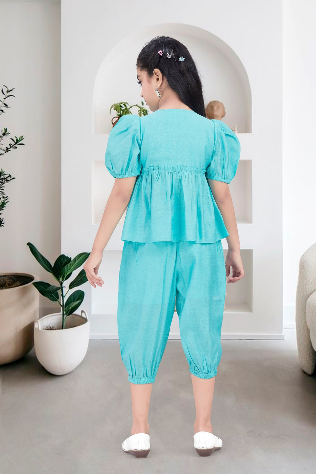 Girls Blue 2-Piece Peplum Set with Embroidered Design & Capri Pants