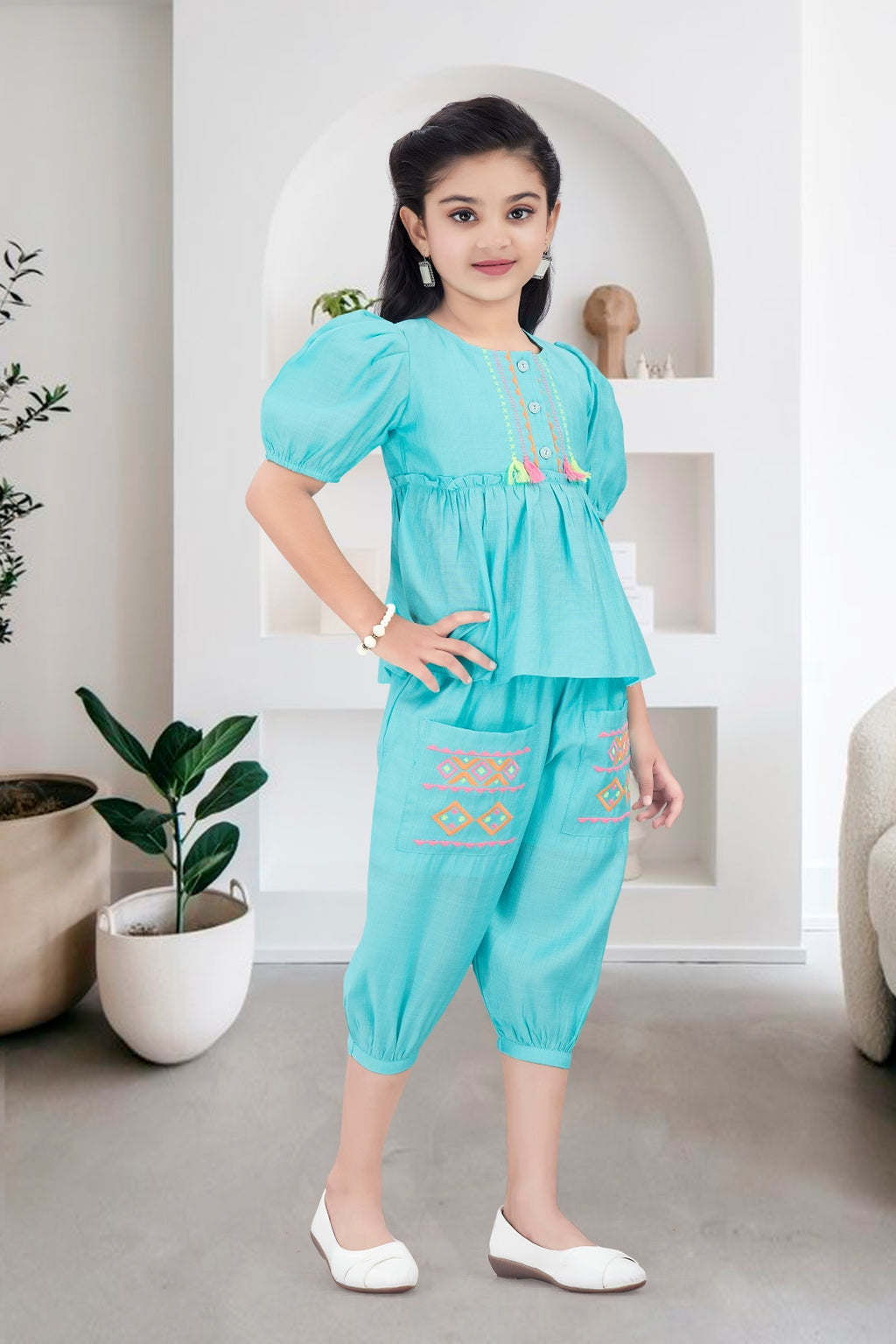 Girls Blue 2-Piece Peplum Set with Embroidered Design & Capri Pants