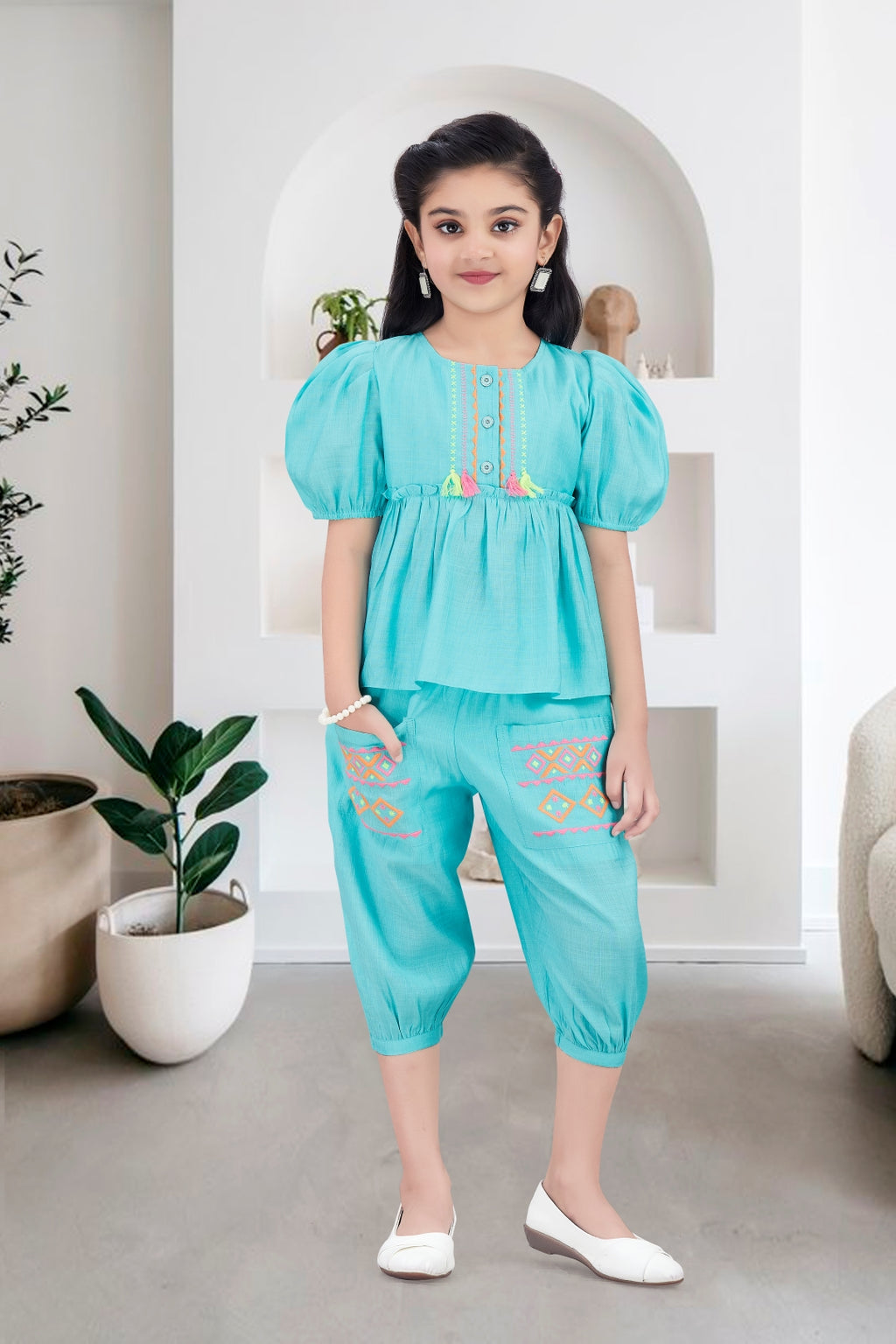 Girls Blue 2-Piece Peplum Set with Embroidered Design & Capri Pants