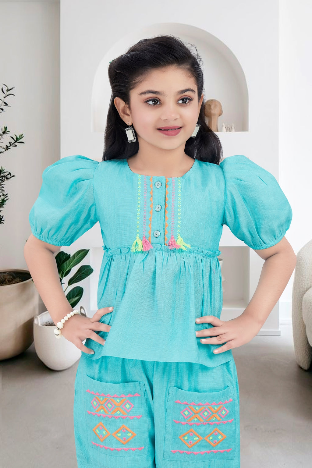 Girls Blue 2-Piece Peplum Set with Embroidered Design & Capri Pants