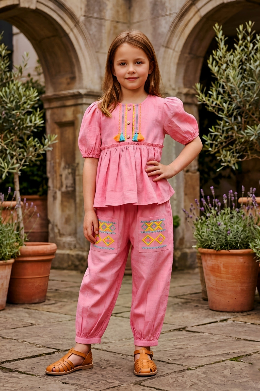 Girls Pink 2-Piece Peplum Set with Embroidered Design & Capri Pants