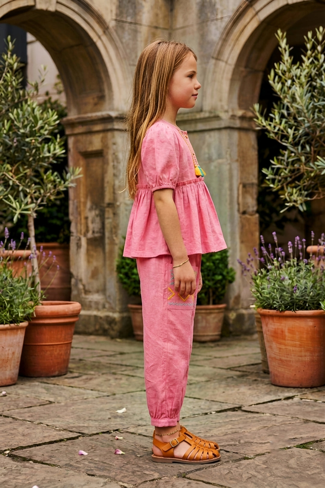 Girls Pink 2-Piece Peplum Set with Embroidered Design & Capri Pants