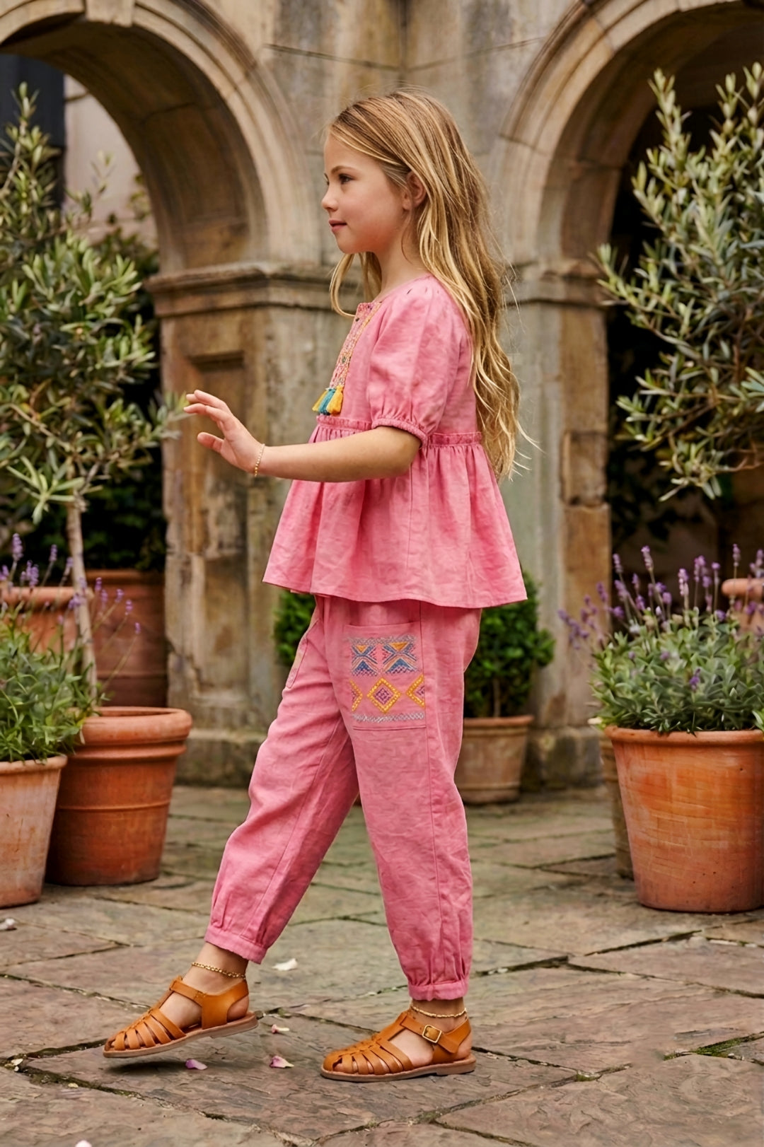 Girls Pink 2-Piece Peplum Set with Embroidered Design & Capri Pants