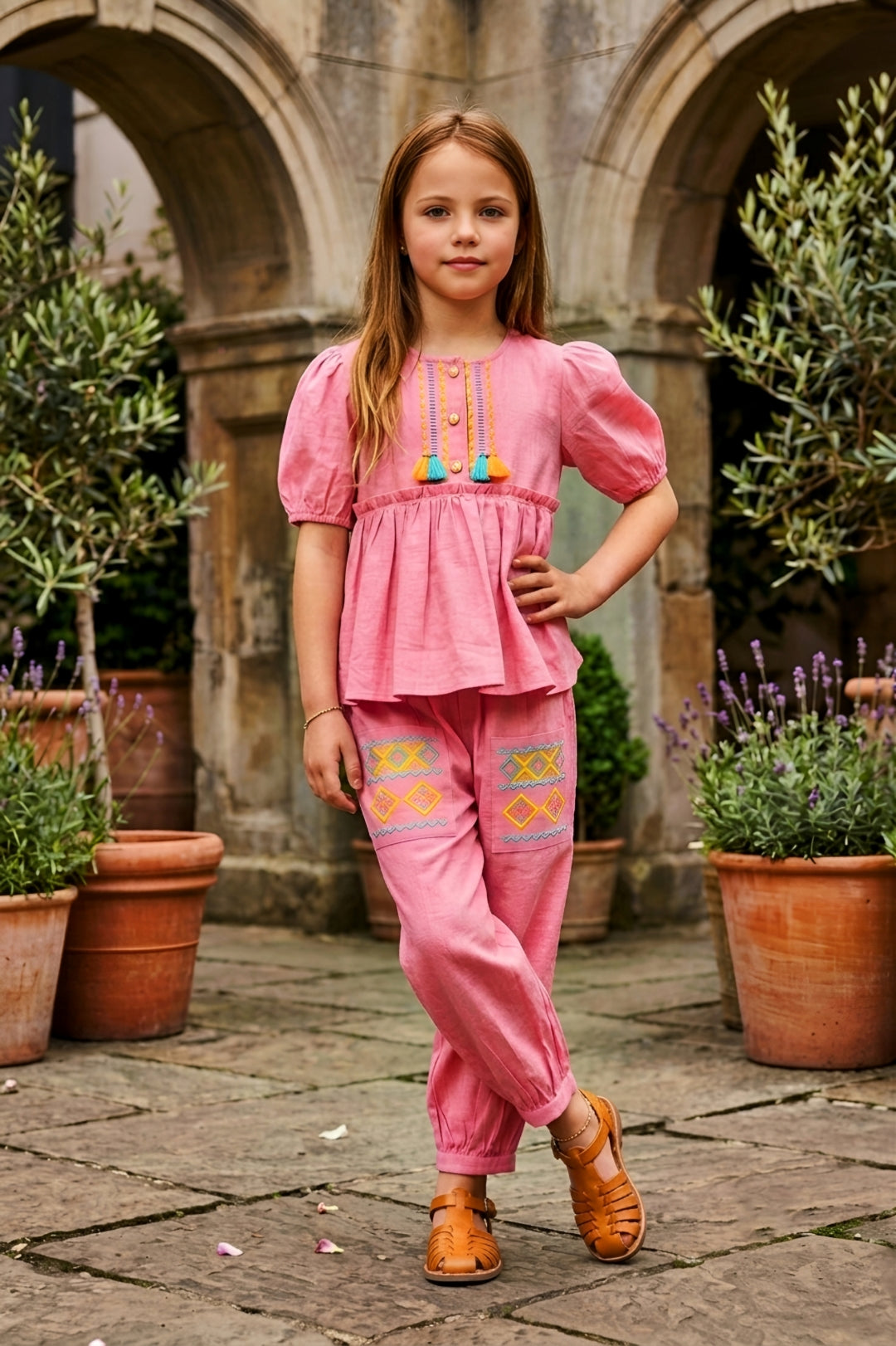 Girls Pink 2-Piece Peplum Set with Embroidered Design & Capri Pants