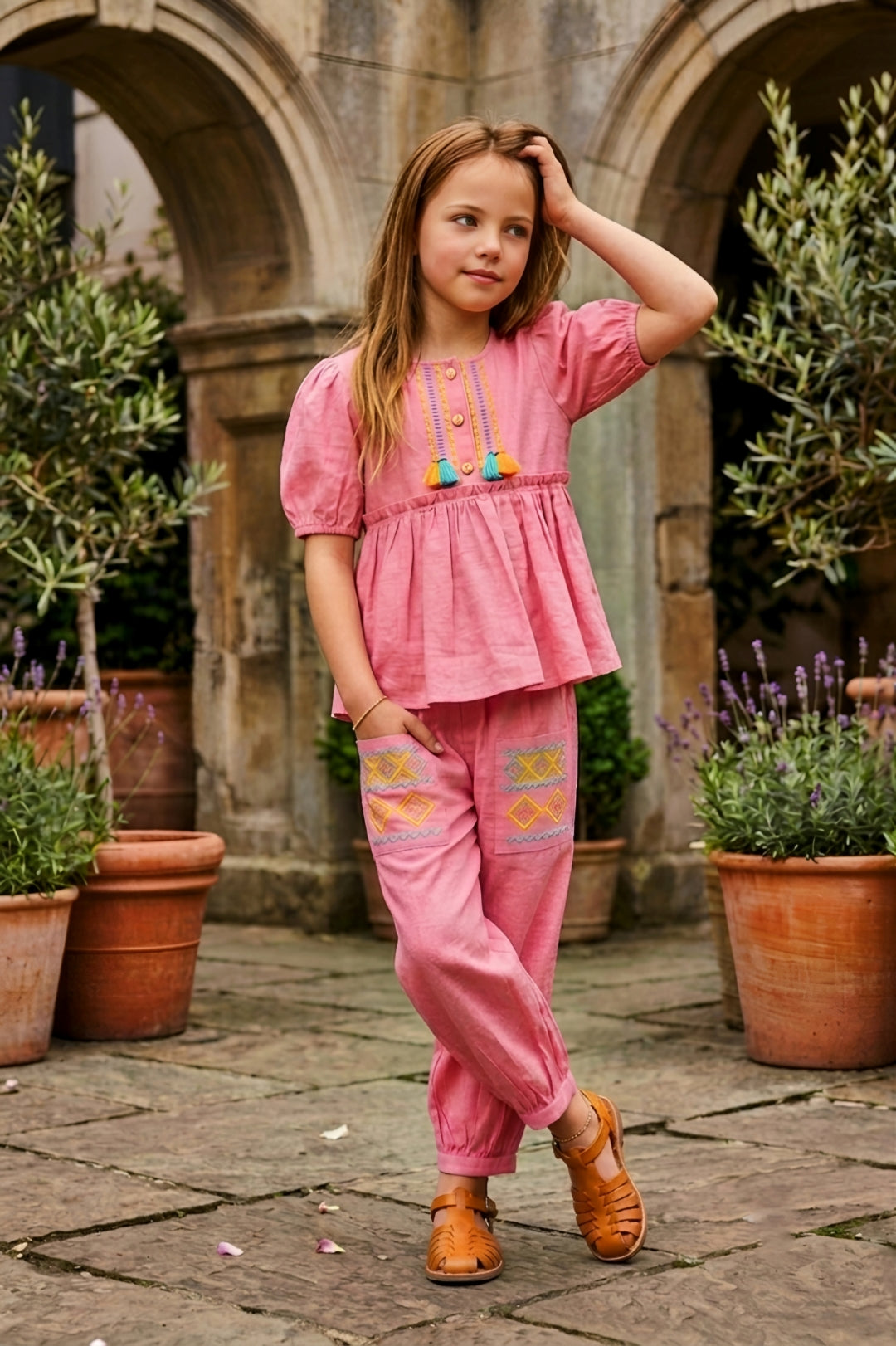 Girls Pink 2-Piece Peplum Set with Embroidered Design & Capri Pants