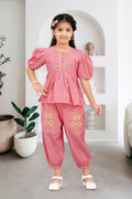 Girls Pink 2-Piece Peplum Set with Embroidered Design & Capri Pants