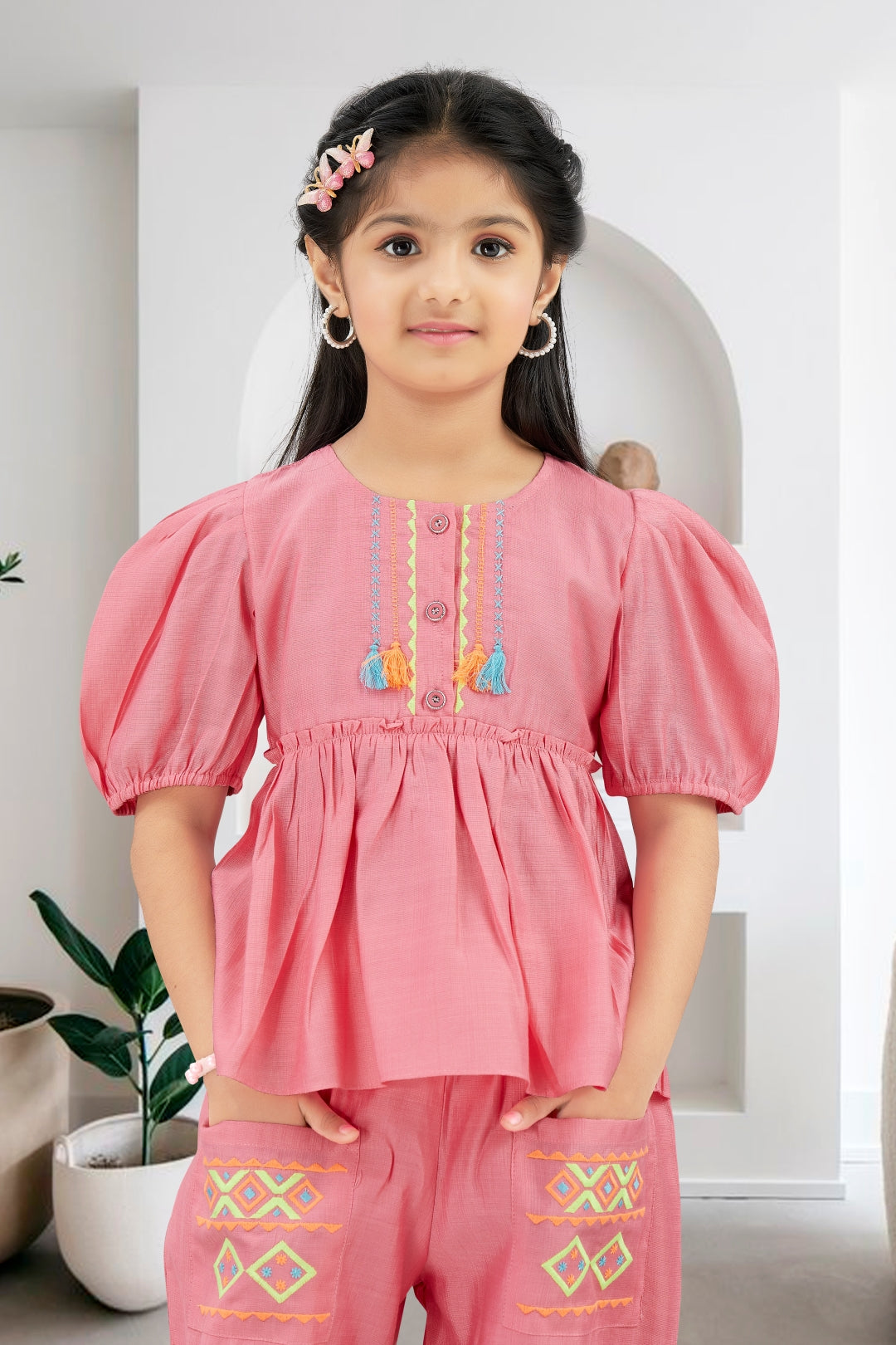 Girls Pink 2-Piece Peplum Set with Embroidered Design & Capri Pants