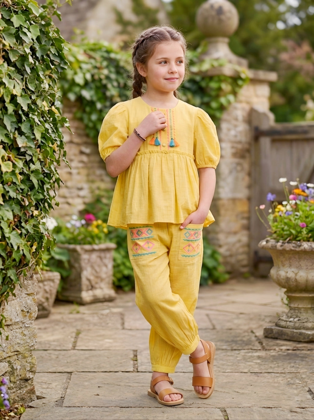 Girls Yellow 2-Piece Peplum Set with Embroidered Design & Capri Pants
